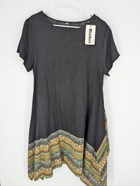 Minibee Linen Cotton Blend Midi Dress Women's M Asymmetrical Boho Lagenlook NWT